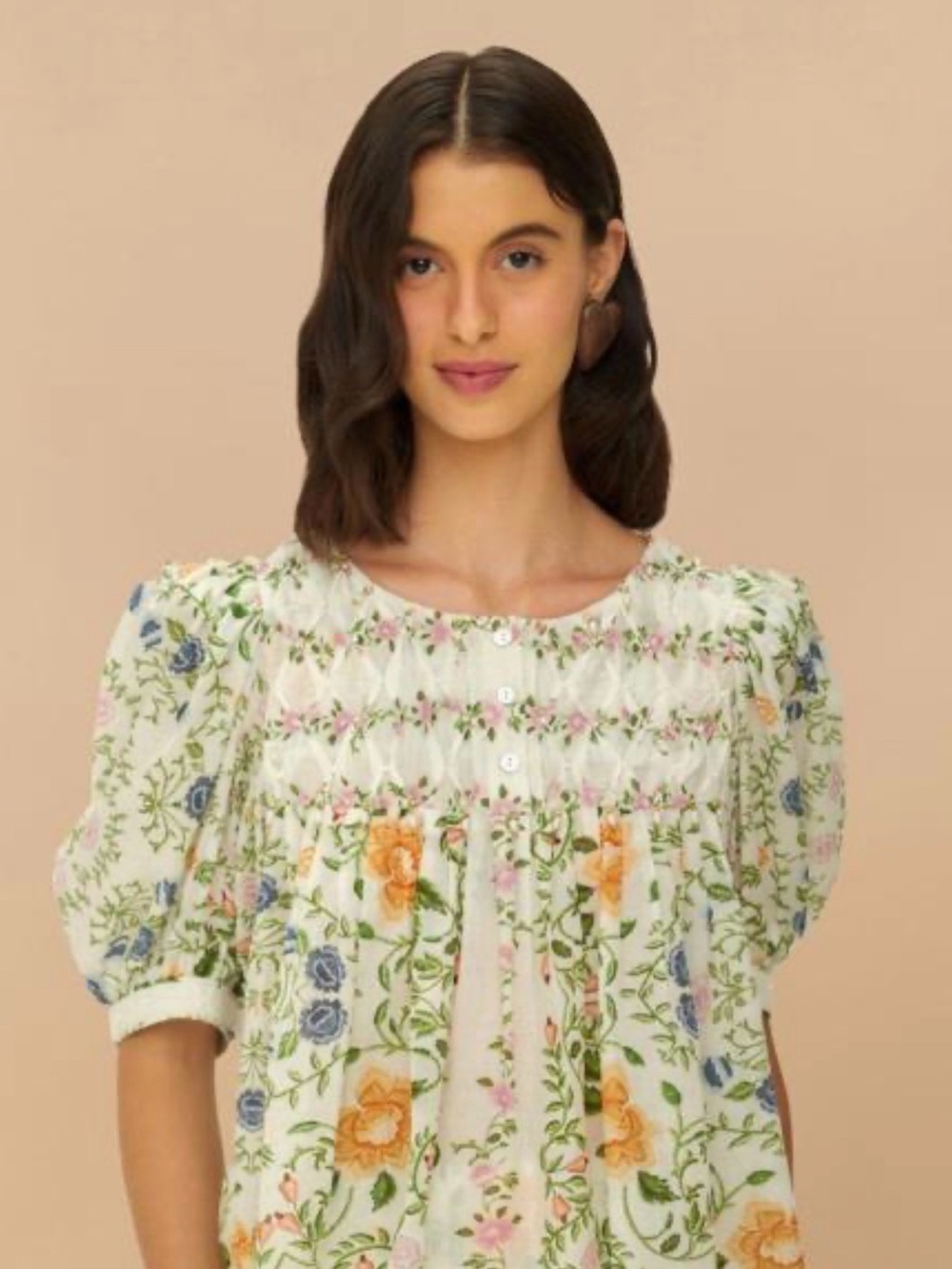 FARM Rio White Floral Smocked Peasant Top with Pink Orange Blue Green